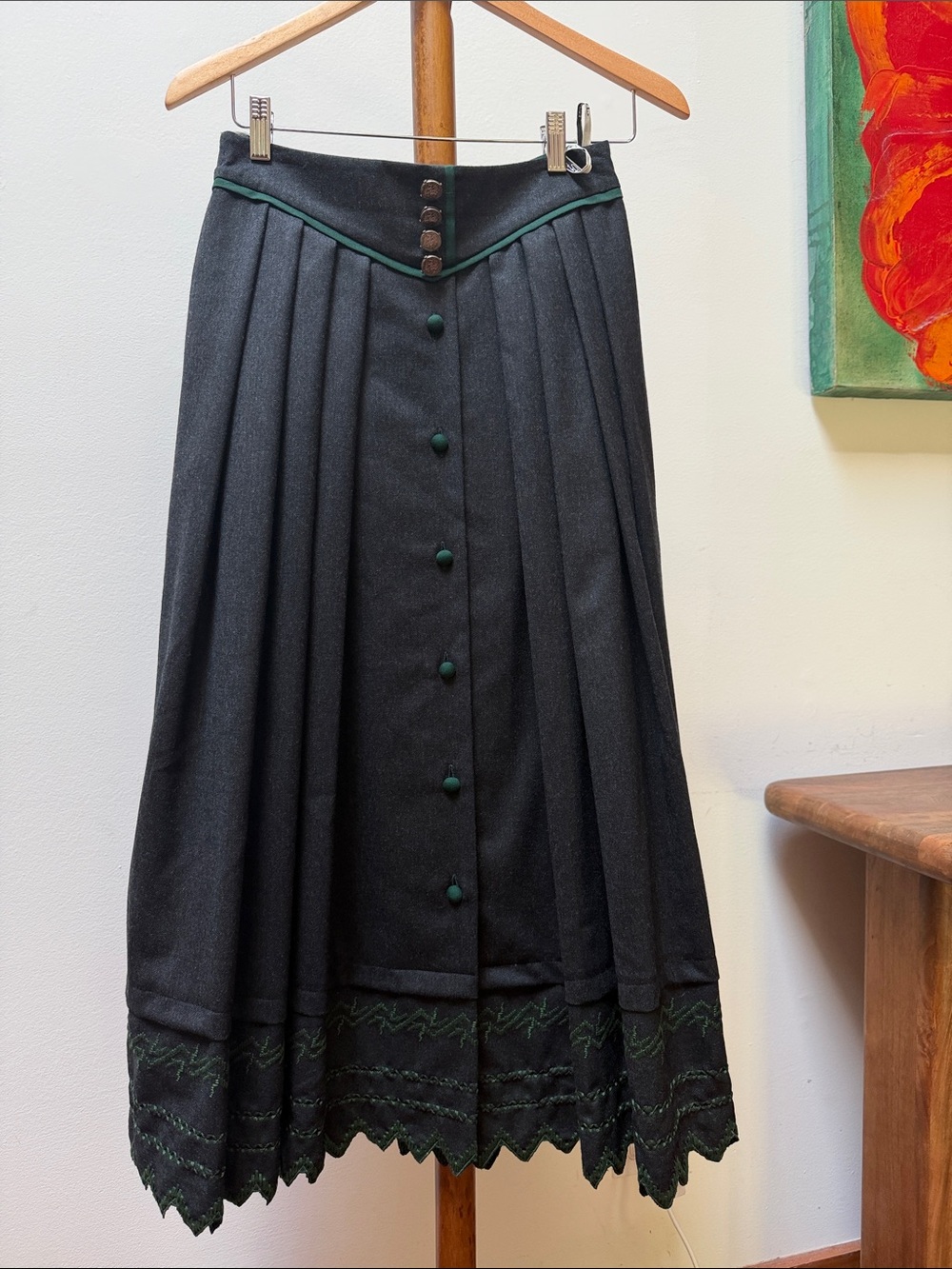 Vintage Maxi Pleated Skirt Button Up  Front Embroidered Dark Academia Small